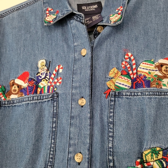 Solutions Original Denim Christmas Shirt Button Closure 2 Pocket Woman Size M - Picture 2 of 5